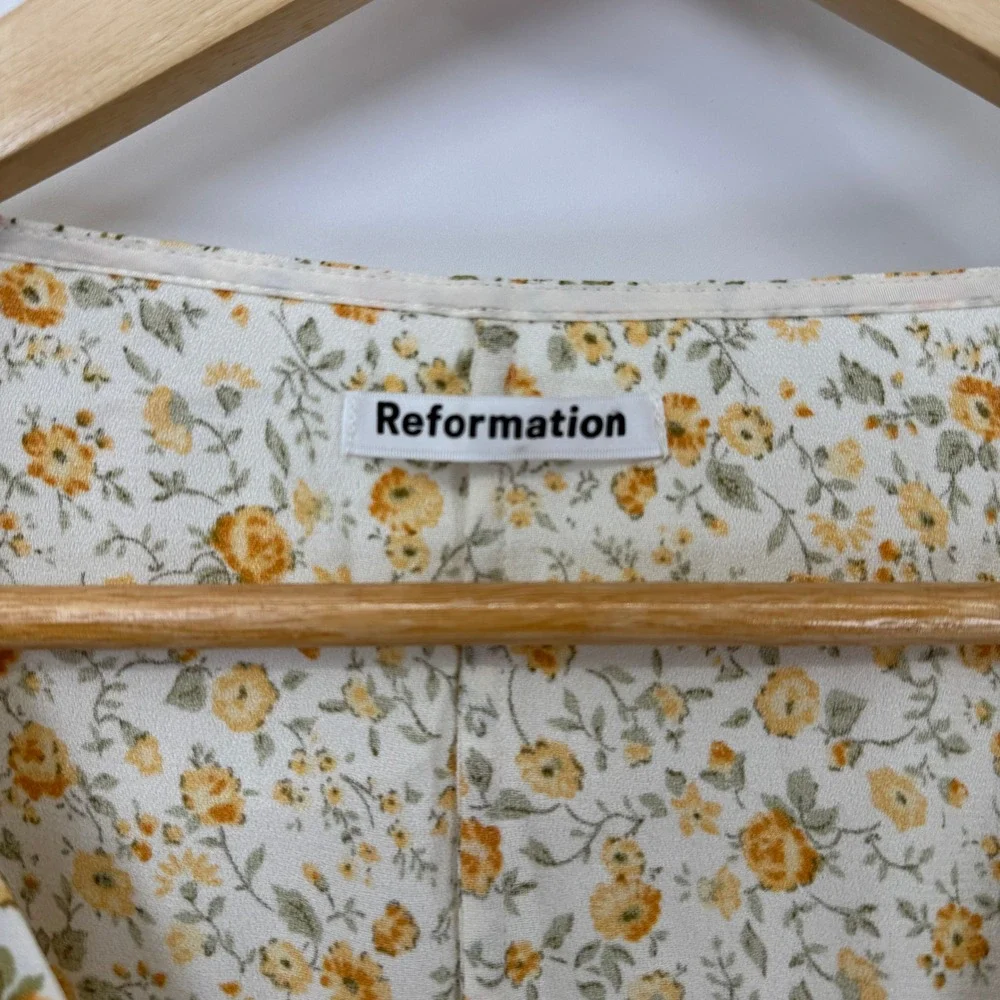 Reformation Floral Long Sleeve Button Front Top White Yellow Small Country NWT